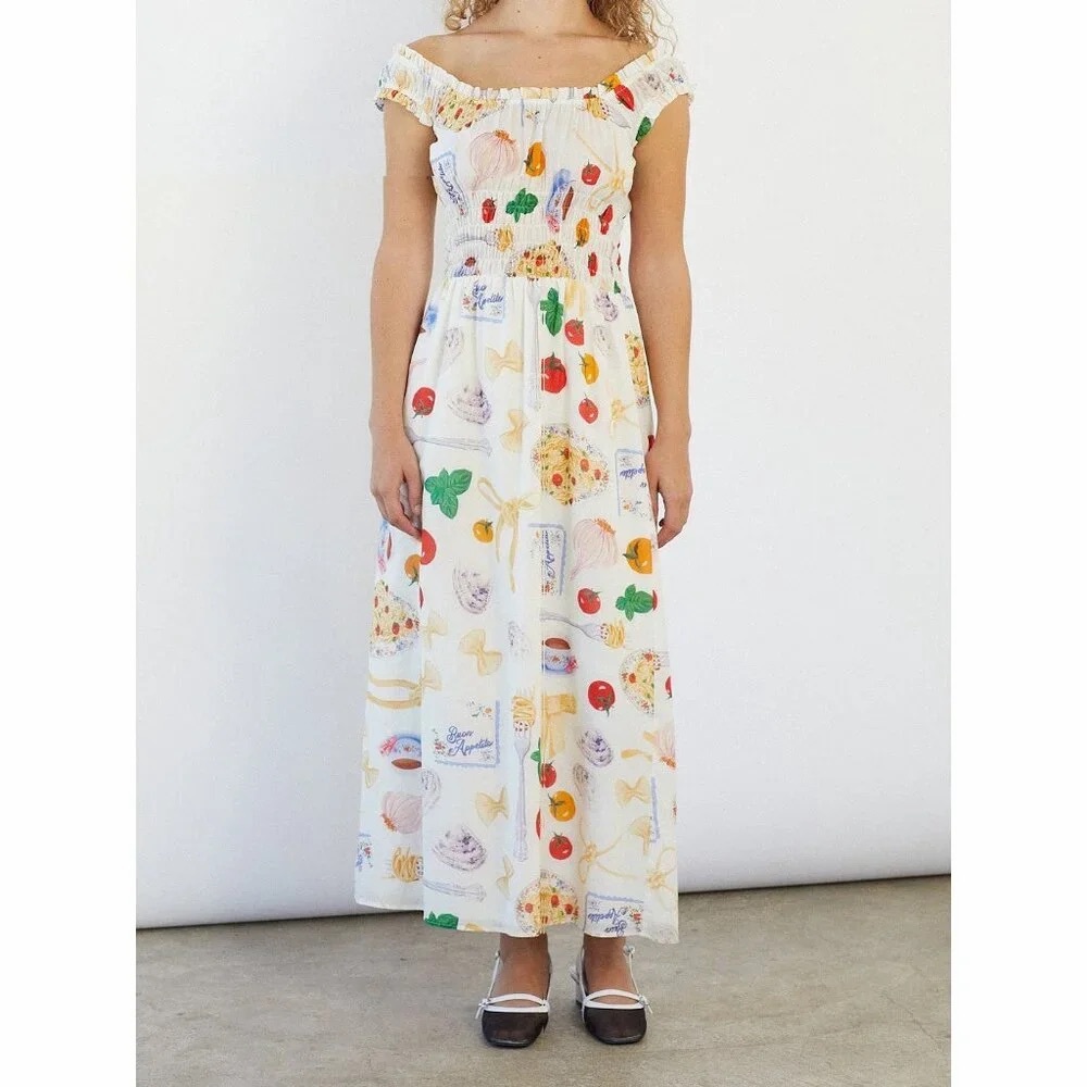 Lisa Says Gah Annie Maxi Dress Food Print Buon Appetito Ivory Pasta Italian 2XL